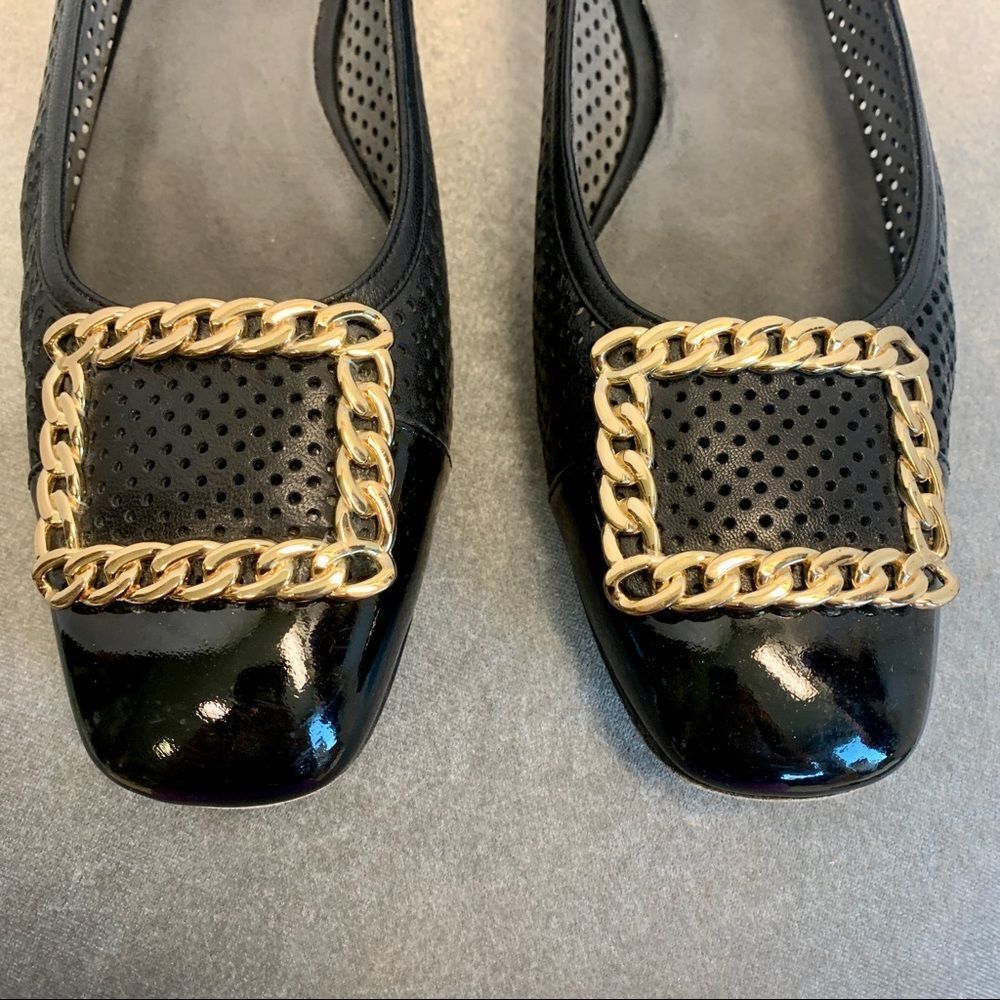 𝅺STUART Weitzman black gold Pan Nappa Chainolo Flats Sz 9 - Picture 5 of 9